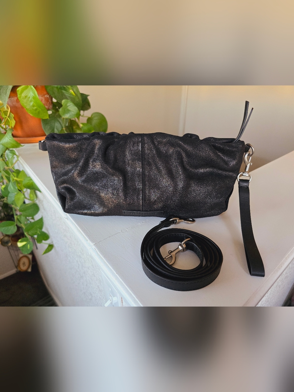 Lucky Brand Lizz Black Grained Metallic Leather. Crossbody, Wristlet Or Clutch
